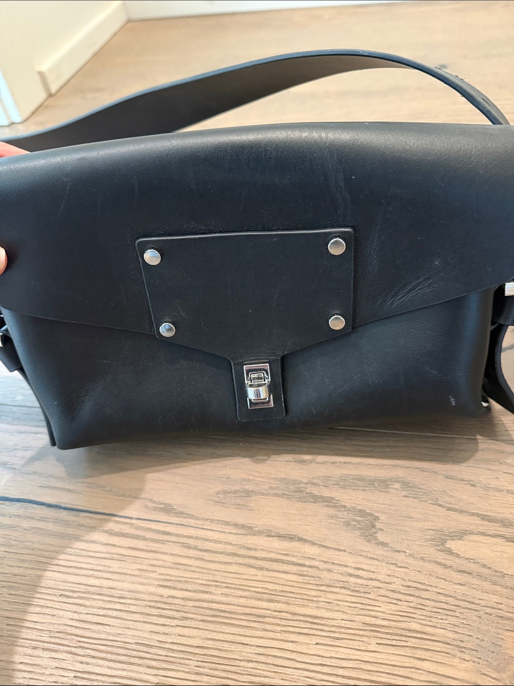 AllSaints Black Leather Crossbody with Silver Accents - Picture 2 of 3